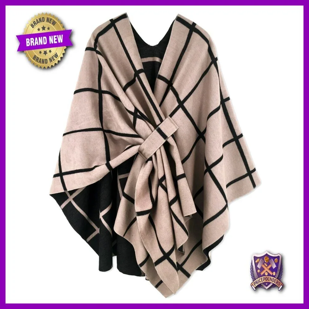 Classic Check Poncho Shawl Wrap Elegant Cashmere-Like Viscose Polyester Cape